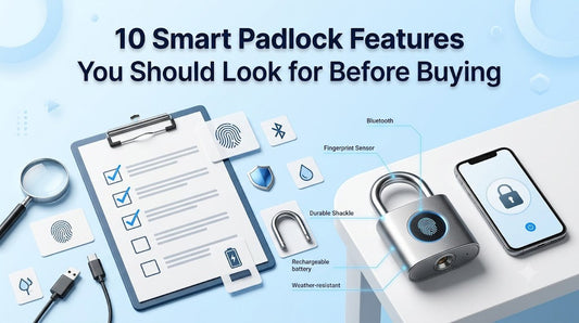 Smart padlock buying guide featuring a fingerprint and Bluetooth padlock beside a buyer's checklist, smartphone, and feature symbols including battery life, weather resistance, and security on a light sky blue background.