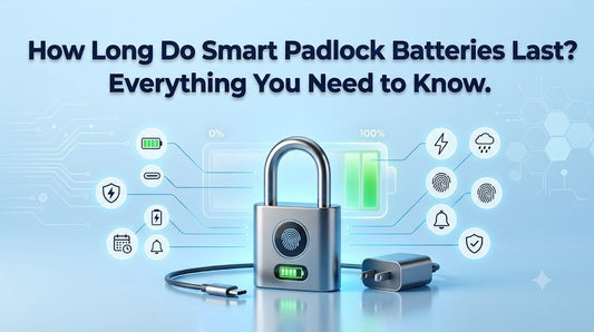 Fingerprint smart padlock with a full battery indicator, USB-C charging cable, and battery life icons illustrating long-lasting rechargeable performance on a light sky blue background.