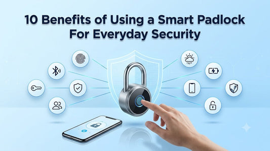 Modern smart padlock with fingerprint unlocking and smartphone app control, surrounded by icons representing the key benefits of smart padlocks for everyday security on a light sky blue background.