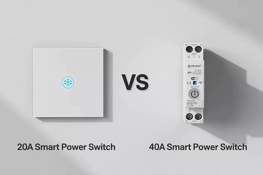 Side-by-side comparison of 20A and 40A smart power switches showing size, design, and load rating differences for appliance control