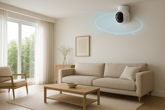 A smart security camera with 360° rotation and auto-tracking installed in a stylish Pakistani living room.