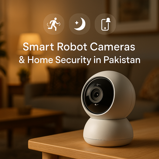 Modern Pakistani living room with a sleek smart robot camera, icons showing AI features like motion tracking and night vision