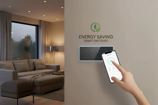 energy saving with smart switches showing mobile app control of lighting and touch panel switch for efficient home automation in Pakistan