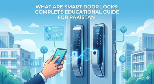 A high-tech illustrative guide on smart door locks for a Pakistani store, featuring a hand using a smartphone to interact with digital lock interfaces, charts, and Wi-Fi icons against a sky-blue urban background.