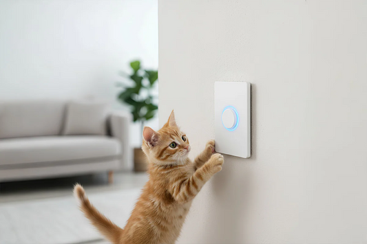 cat interacting with smart wall switch showing pet-safe smart switch design with touch control in modern home