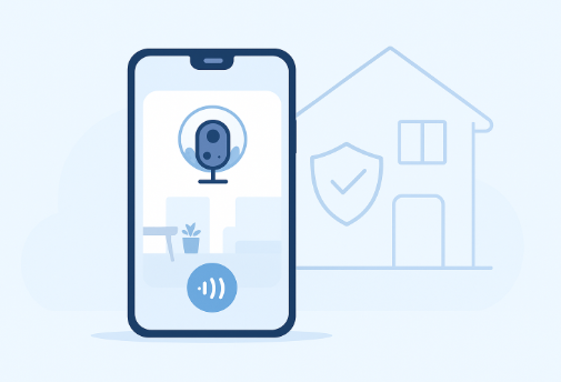 Flat-style illustration of a smartphone showing a home security camera feed with two-way audio icon, and a house outline with a shield symbol in the background.