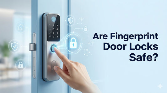 Modern fingerprint smart door lock with biometric security authentication installed on a secure residential home entrance door