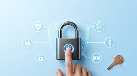 Person unlocking a fingerprint smart padlock with biometric authentication, surrounded by security icons including encryption, shield protection, Bluetooth, and rechargeable battery on a light sky blue background.