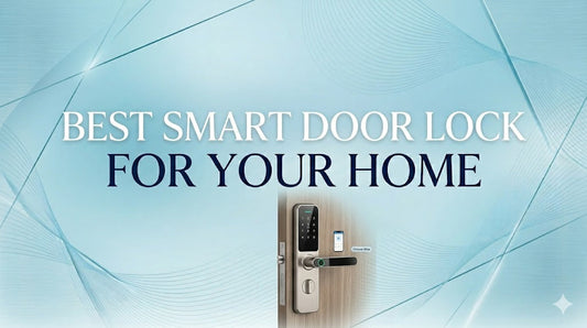 Modern smart door lock installed on a wooden door with digital keypad and fingerprint access, representing how to choose the best smart door lock for home security and convenience.
