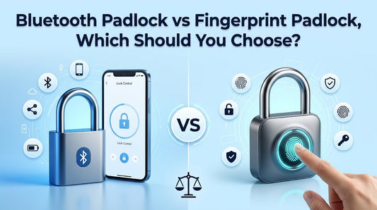 Comparison of a Bluetooth smart padlock with smartphone app control and a fingerprint smart padlock with biometric unlocking on a light sky blue background.