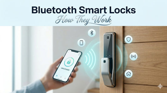 Bluetooth smart door lock connected to a smartphone app using wireless Bluetooth technology for secure keyless entry and smart home access control.