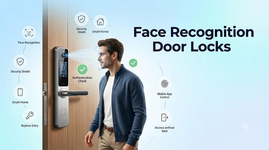 Modern face recognition door lock scanning a homeowner for hands-free biometric access, demonstrating advanced facial recognition technology for smart home security.