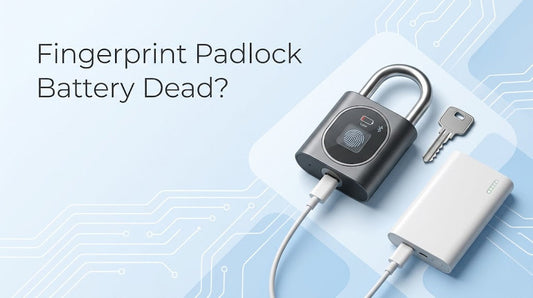 Fingerprint padlock with low battery warning, emergency charging cable, power bank and backup key on a light blue tech background