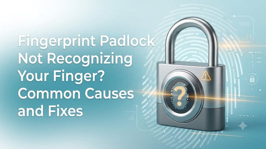 Smart fingerprint padlock with failed fingerprint scan effect on a light sea blue background