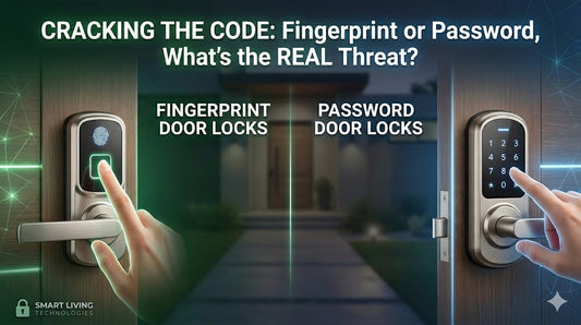 Side-by-side comparison of a fingerprint door lock and password keypad lock showing biometric authentication and PIN code access methods for smart home security.