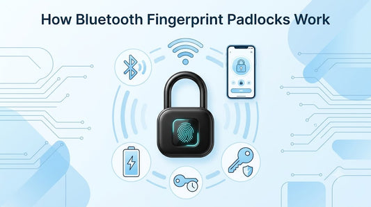 Bluetooth fingerprint padlock with smartphone app control, biometric unlock, battery charging, temporary digital key and backup key icons on a light blue tech background