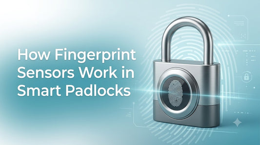 Smart padlock with visible fingerprint sensor and digital scan effects on a light sea blue background