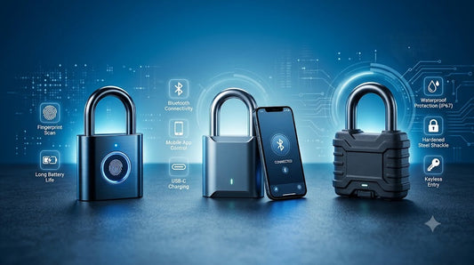 Comparison of smart padlocks showing fingerprint, Bluetooth, weather resistance, battery life, and security features.