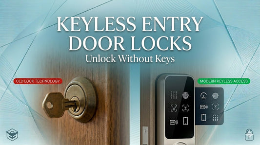 Comparison of traditional key lock and modern keyless entry door lock showing fingerprint, RFID card, PIN code, smartphone app, and biometric access methods for secure keyless home entry.