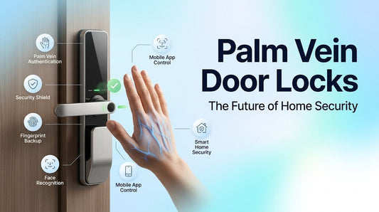 Advanced palm vein door lock scanning a user's hand for contactless biometric authentication, demonstrating next-generation smart home security and keyless entry technology.