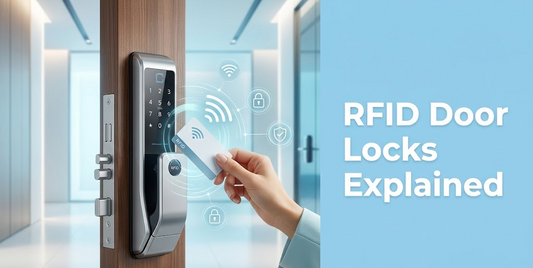 Modern RFID door lock with contactless smart card, RFID key fob, and wireless access control technology for secure keyless entry in homes and offices.