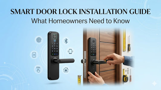 Homeowner installing a smart door lock with fingerprint scanner, keypad access, and mobile app connectivity on a modern residential door.
