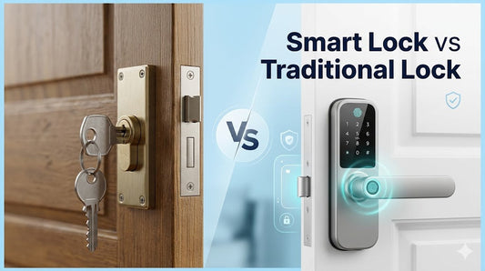 Comparison between modern fingerprint smart lock and traditional key door lock showing differences in home security and access control systems
