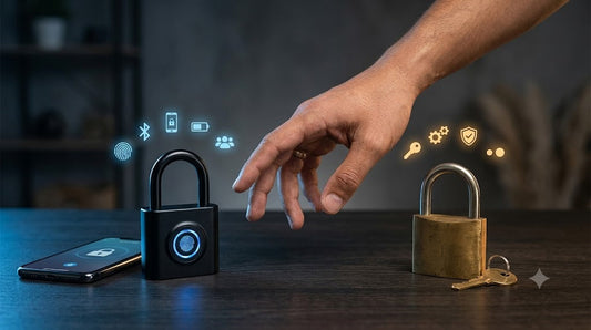 A person comparing a fingerprint Bluetooth smart padlock and a traditional brass padlock to evaluate security, convenience, and access methods.