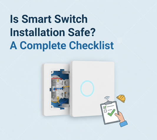 Smart switch installation safety checklist showing internal wiring, switch module, and inspection steps for safe setup