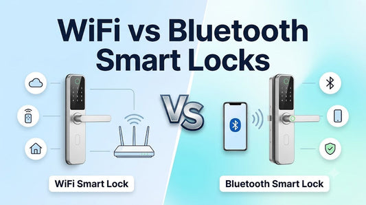 Side-by-side comparison of WiFi smart lock and Bluetooth smart lock showing remote cloud connectivity, smartphone access, keyless entry, and smart home security features.