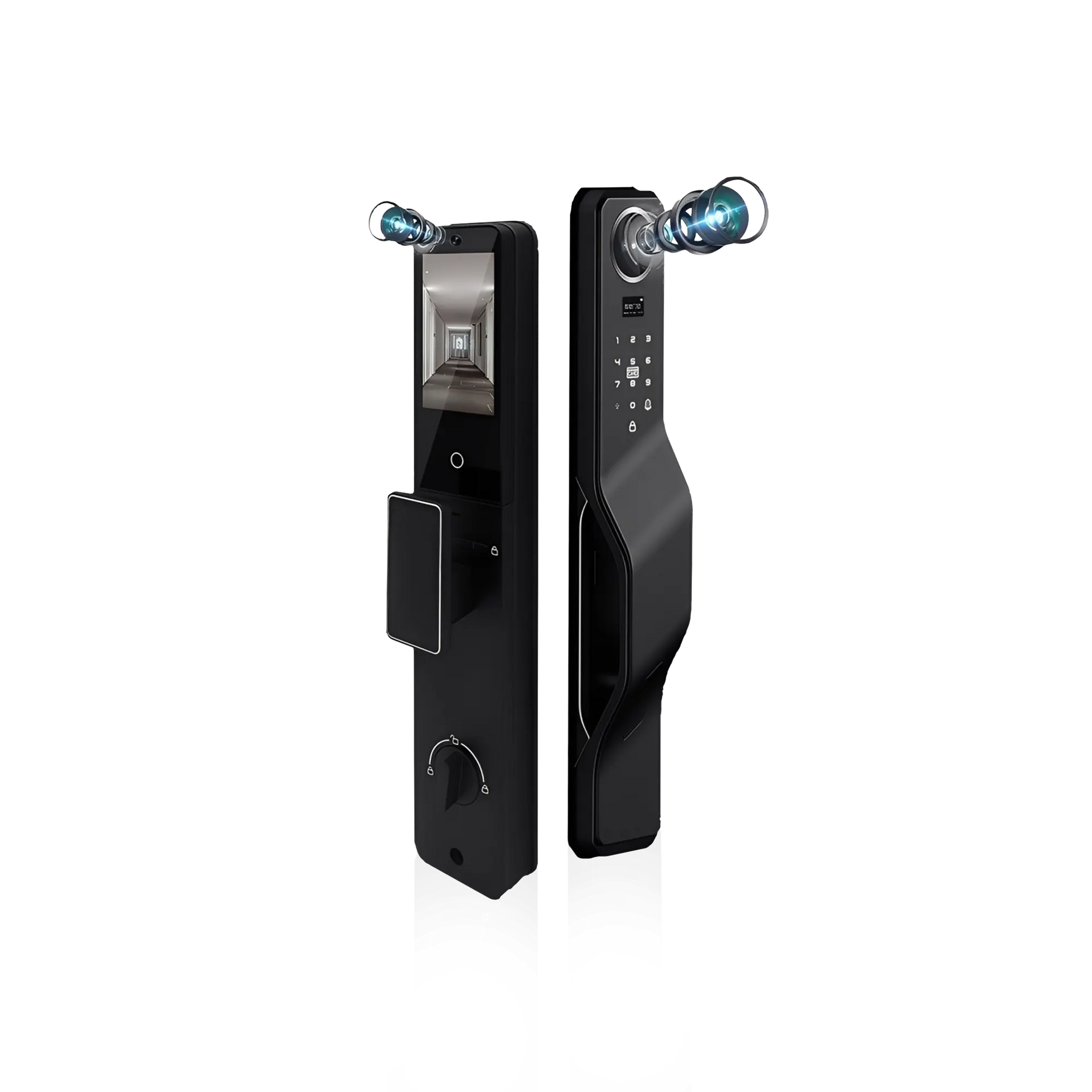 Okasha Smart Smart Vault Door Lock front and rear panels with dual cameras and biometric touch keypad in black finish.