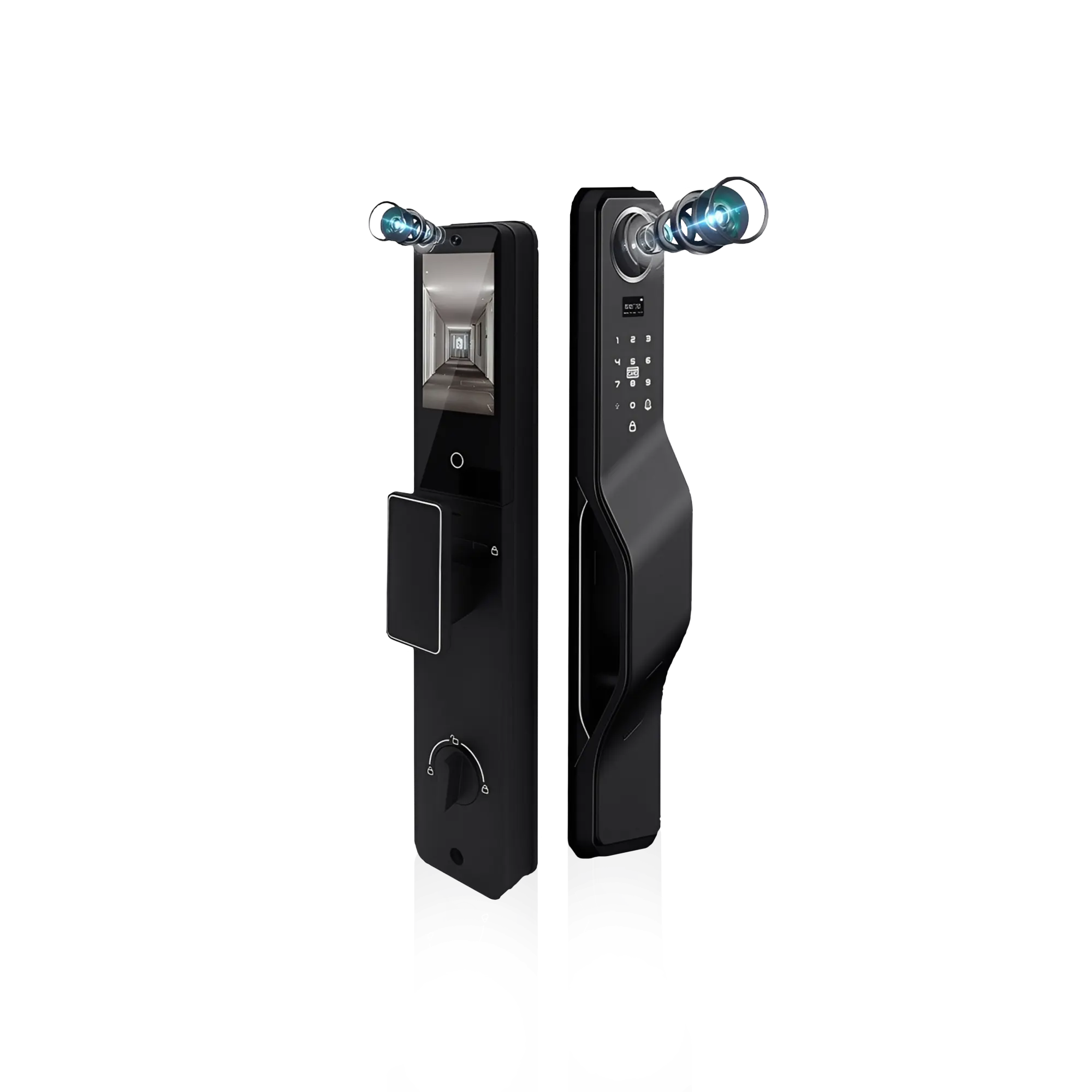 Okasha Smart Smart Vault Door Lock front and rear panels with dual cameras and biometric touch keypad in black finish.