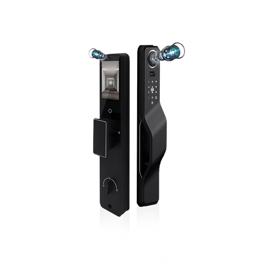 Okasha Smart Smart Vault Door Lock front and rear panels with dual cameras and biometric touch keypad in black finish.