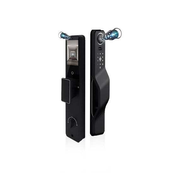 Okasha Smart Smart Vault Door Lock front and rear panels with dual cameras and biometric touch keypad in black finish.