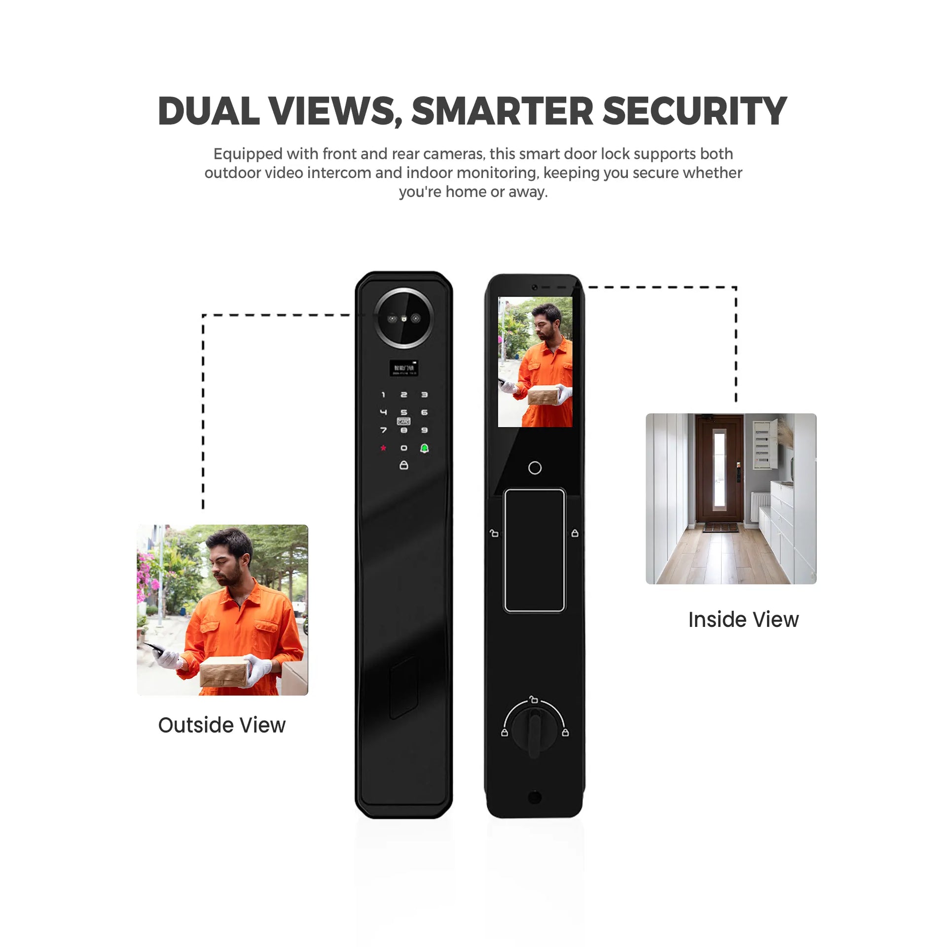 Smart Vault Door Lock showing dual-view security with front and rear cameras, displaying an outside visitor on the screen and an inside hallway view for indoor monitoring.