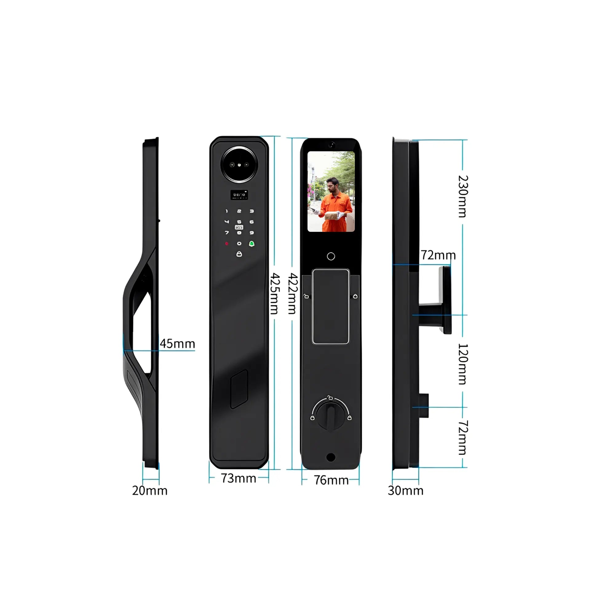 Smart Vault Door Lock dimensions chart showing front and rear panels with height 425mm and 422mm, widths 73mm and 76mm, side thickness 20mm and 30mm, handle depth 45mm, and mounting sections labeled 230mm, 120mm, and 72mm.