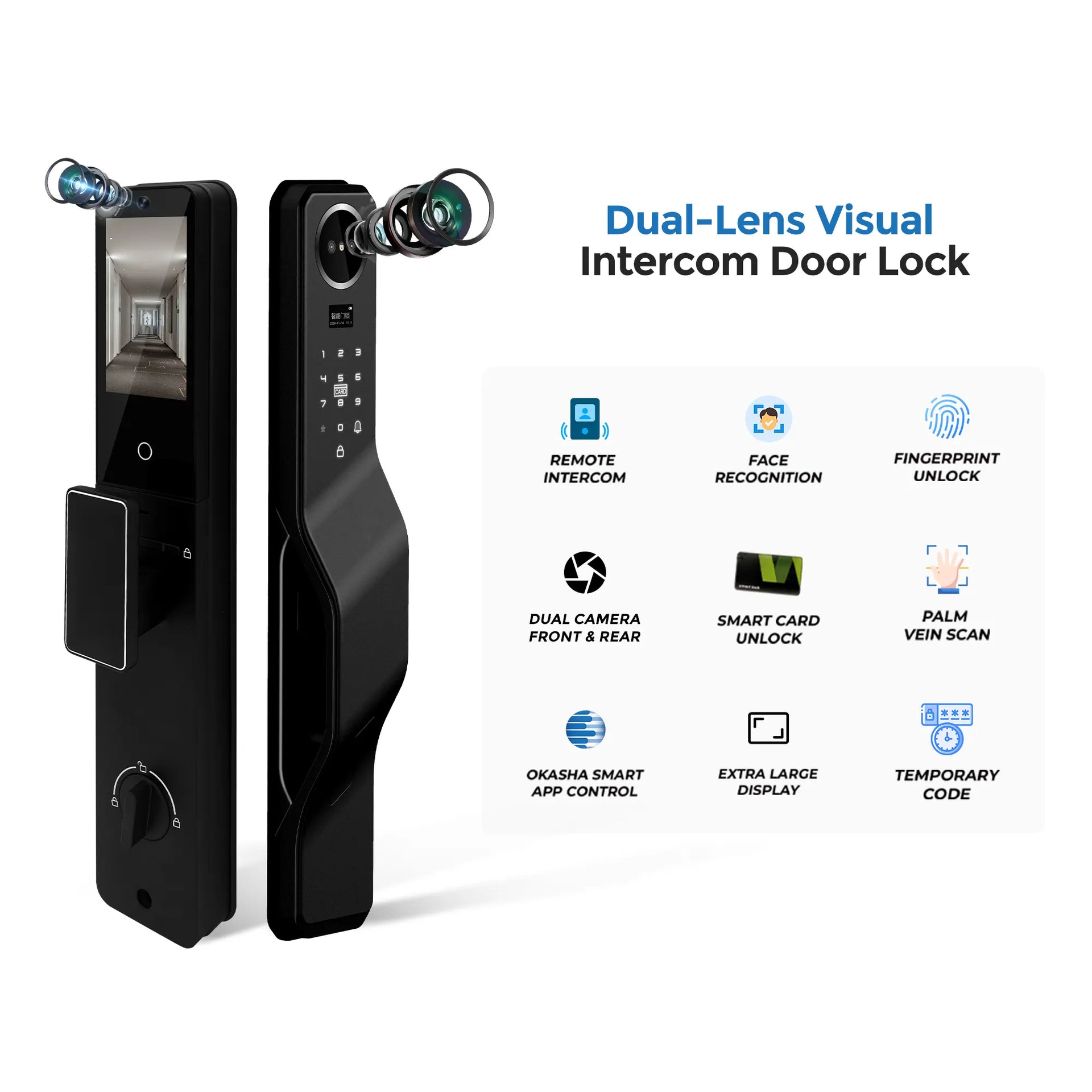 Smart Vault Door Lock with dual front and rear cameras shown beside icons for remote intercom, face recognition, fingerprint unlock, smart card unlock, palm vein scan, app control, large display, and temporary code.
