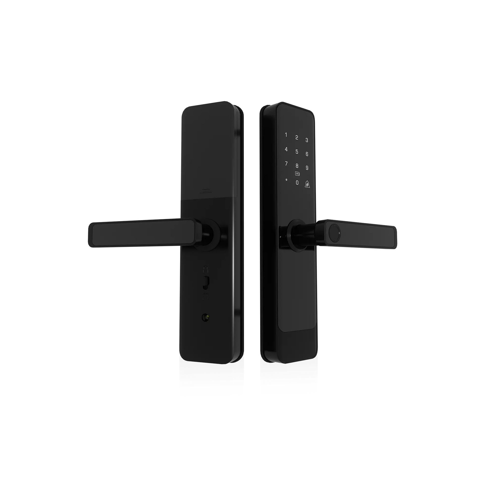 Nova Series smart door lock front and back views with touchscreen keypad and handle design