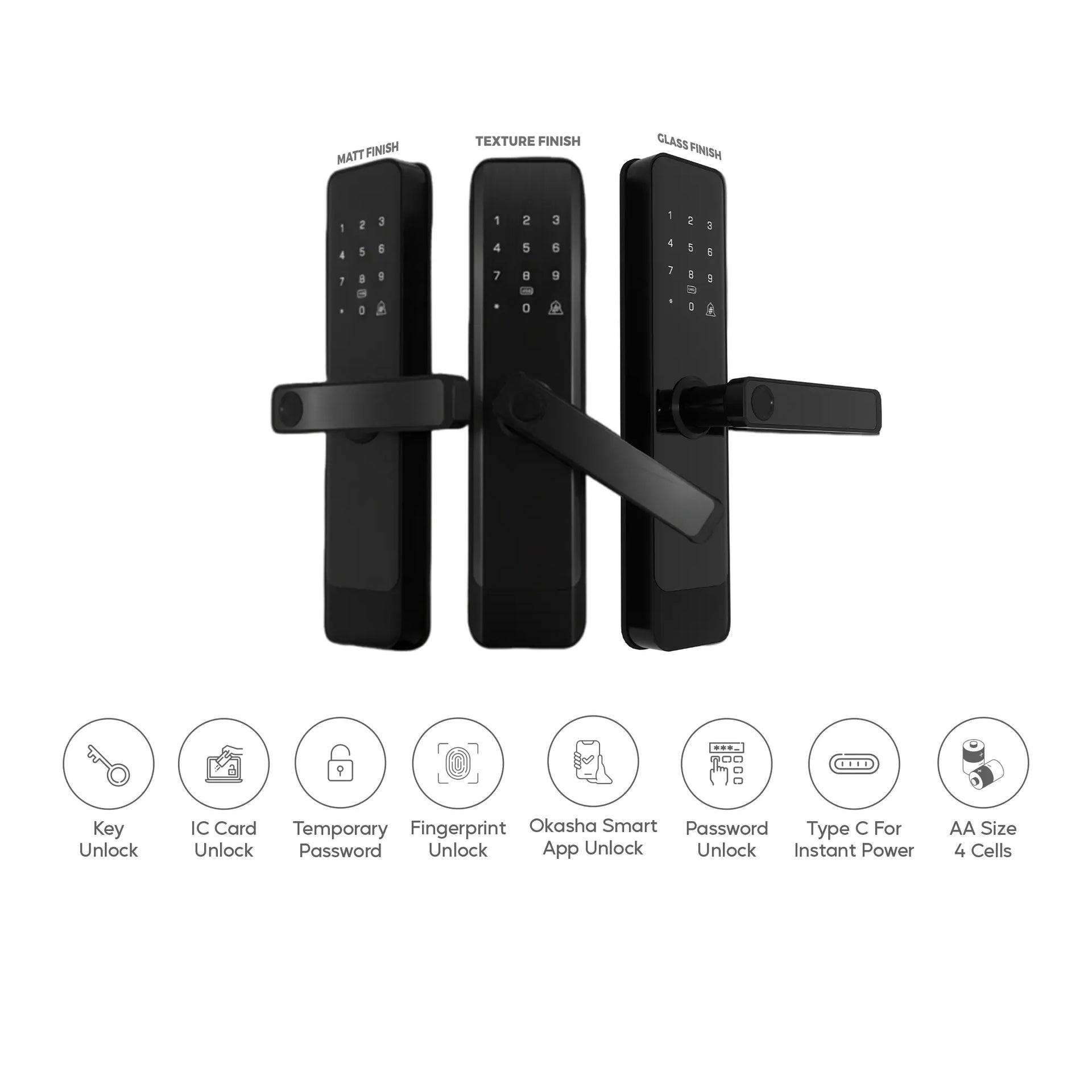 Nova Series digital door locks showing matt, texture, and glass finish keypad handle variants