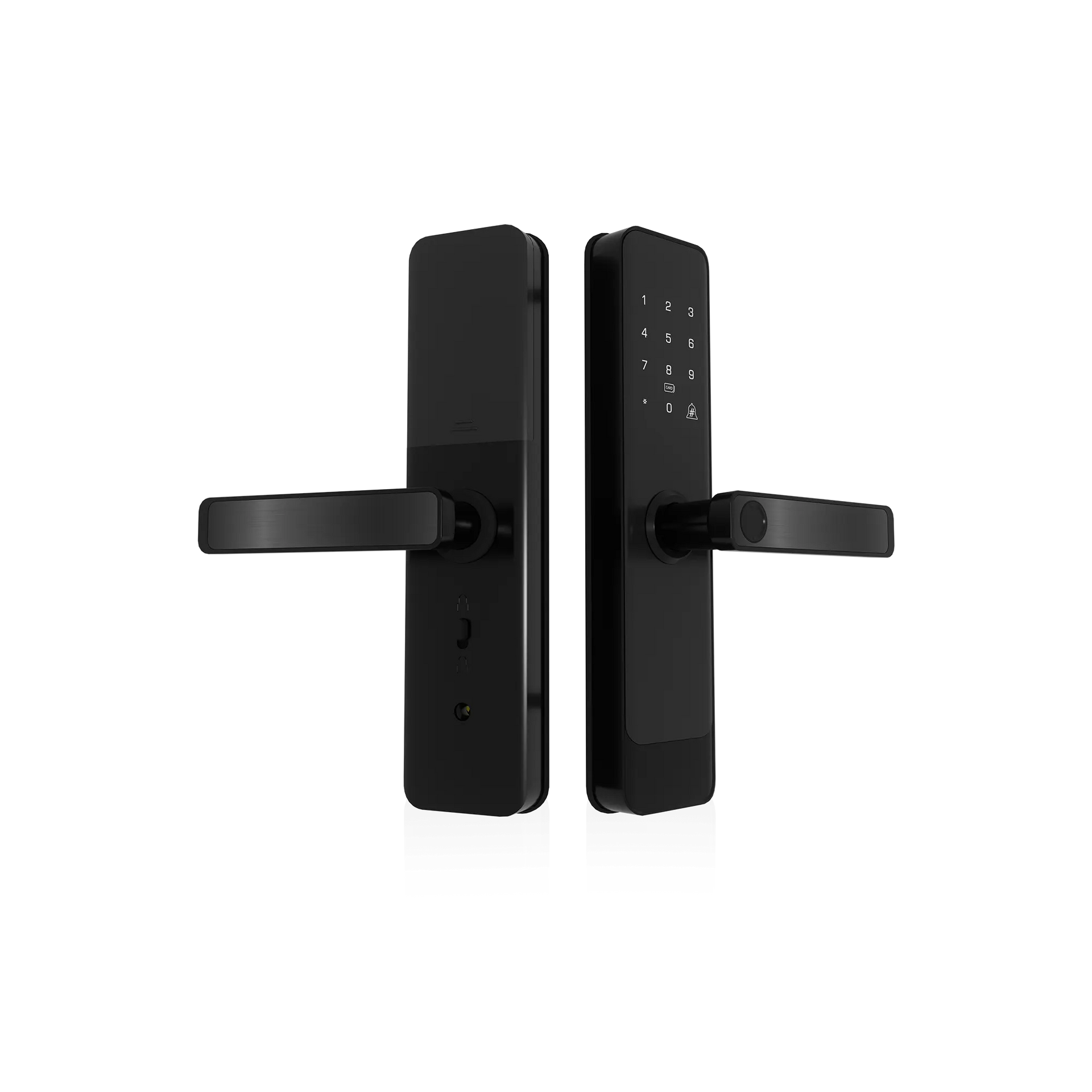 Nova Series matt finish smart door lock front and back views with touchscreen keypad