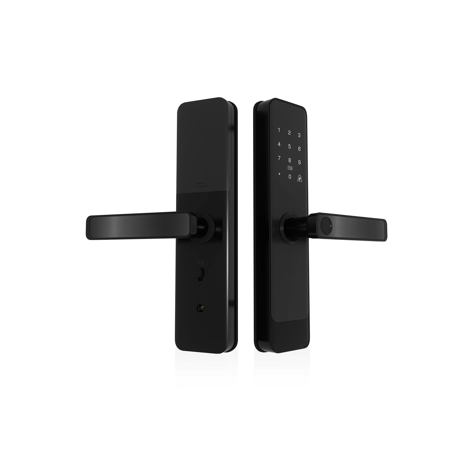 Nova Series matt finish smart door lock front and back views with touchscreen keypad