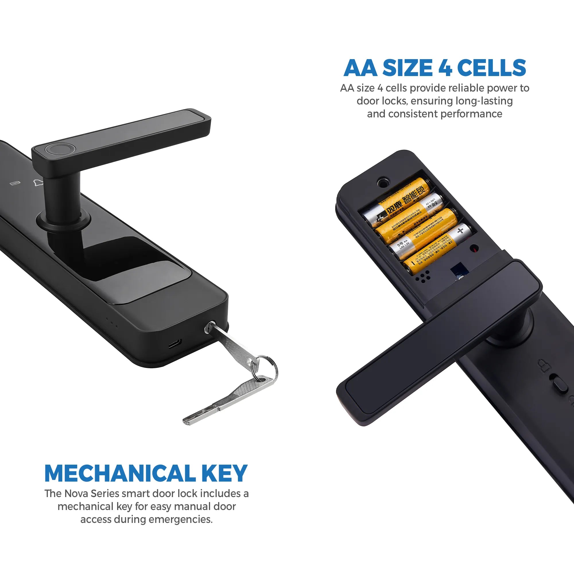 Nova Series smart door lock showing mechanical key backup and 4 AA battery power compartment