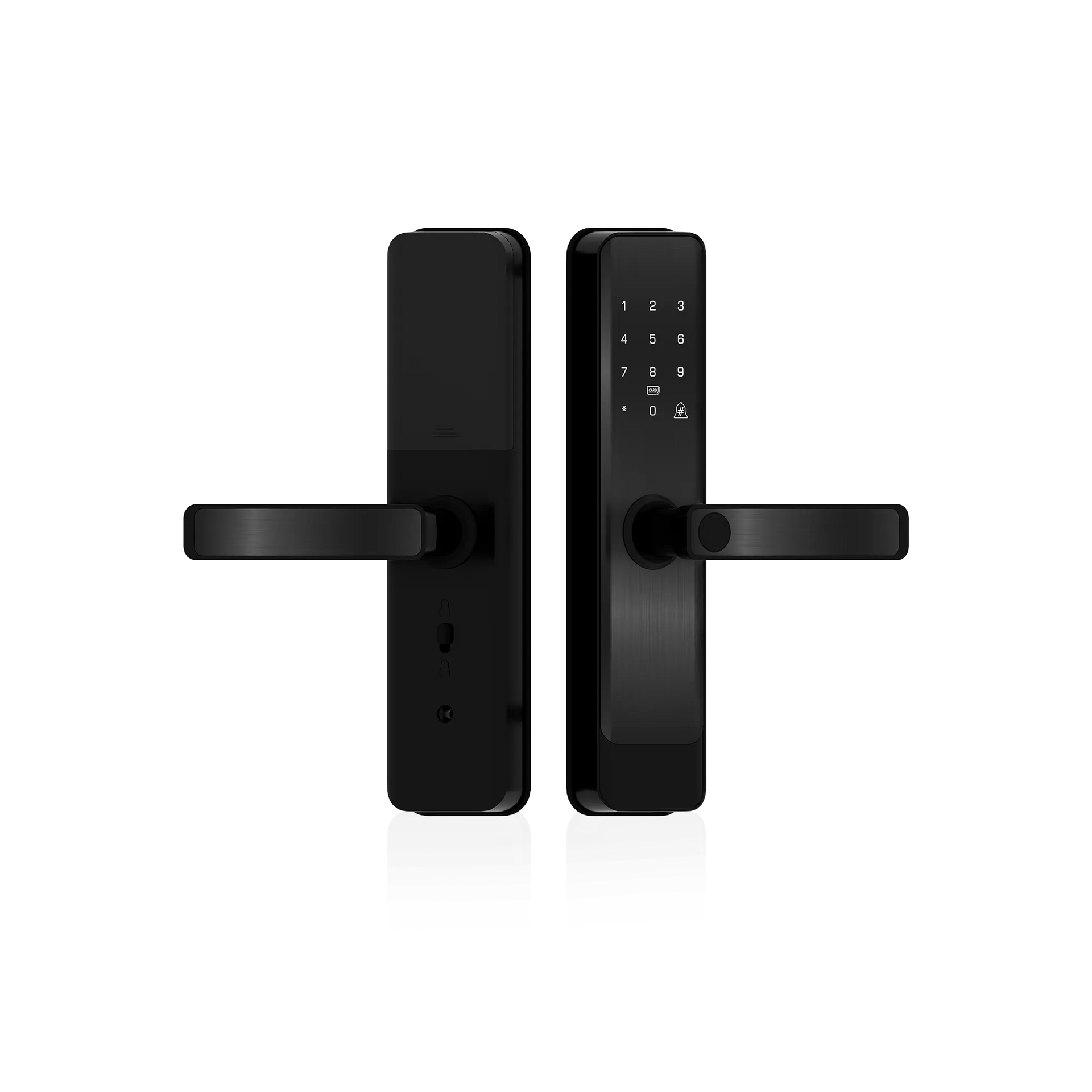 Nova Series textured finish smart door lock front and back views with illuminated keypad