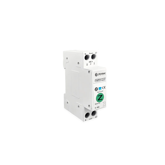 Zigbee Smart Power Switch 40A DIN rail module showing wiring terminals and energy monitoring ports