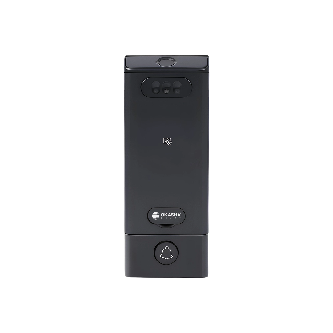 Front view of Okasha Smart Armour Door Lock with face recognition sensors, smart doorbell button, RFID support, and biometric smart access control system for modern security doors