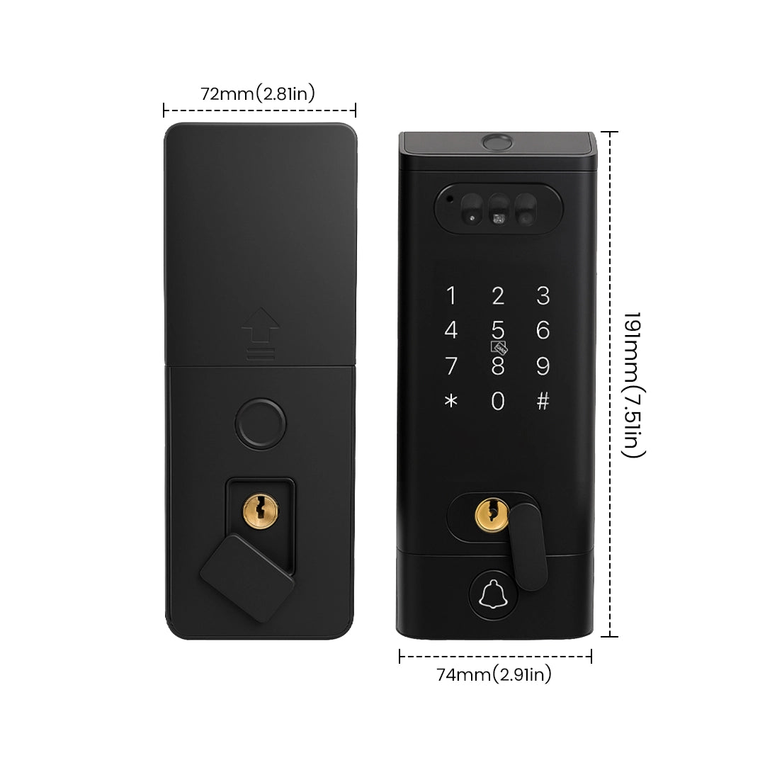 Dimension chart of Okasha Smart Armour Door Lock with face unlock showing biometric smart lock measurements and installation sizing details for residential and office doors