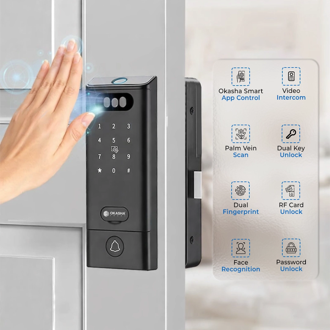 Okasha Smart Armour Door Lock showing face recognition, palm vein scan, dual fingerprint unlock, RF card access, password unlock, video intercom, and smart app control features for advanced biometric home security
