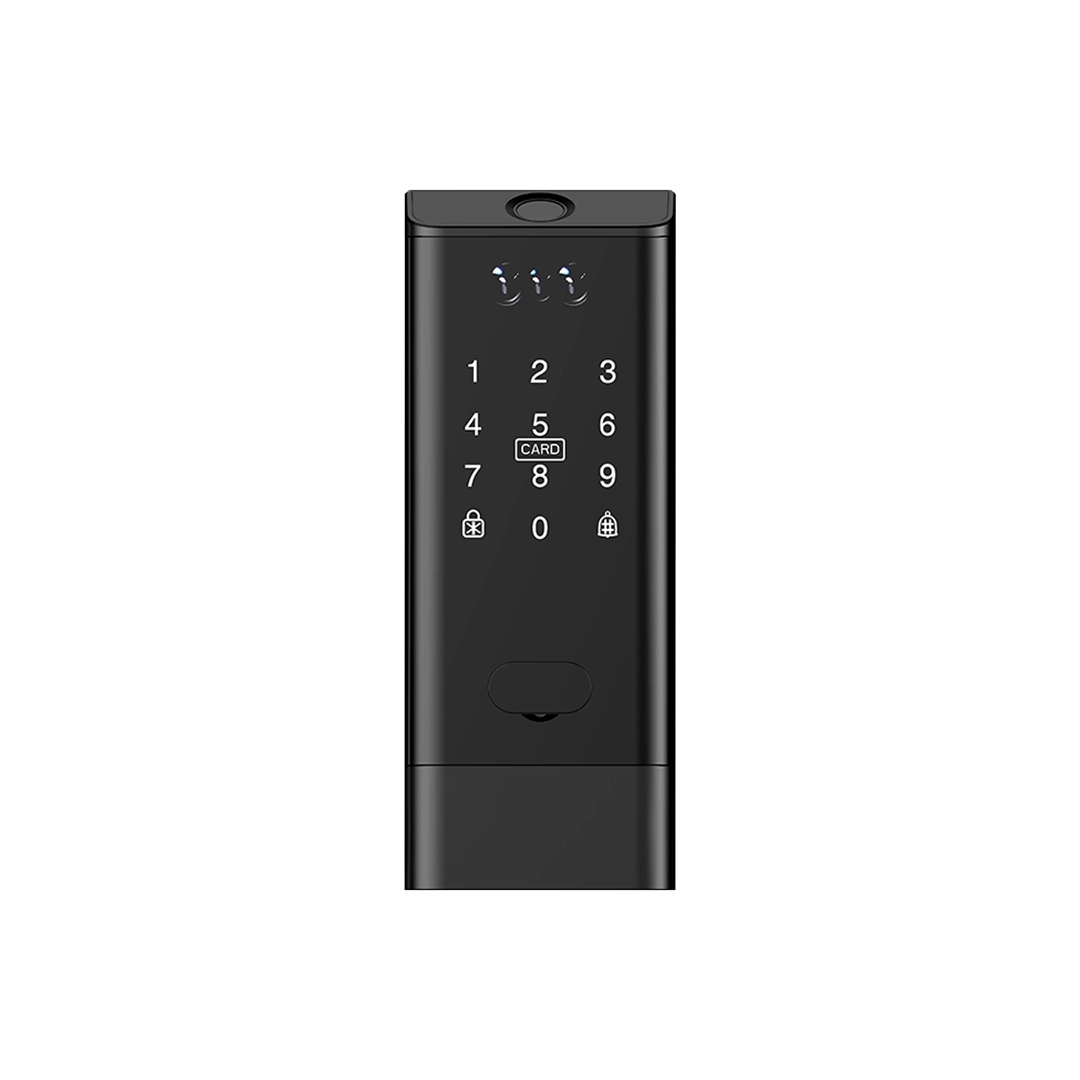 Front panel view of Okasha Smart Armour Door Lock with face recognition sensors, touch keypad, RFID card support, and smart biometric access control system