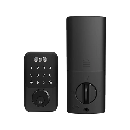 Front and back view of Bluetooth smart AI deadbolt door lock with keypad access, indoor privacy knob, and modern keyless smart home security system