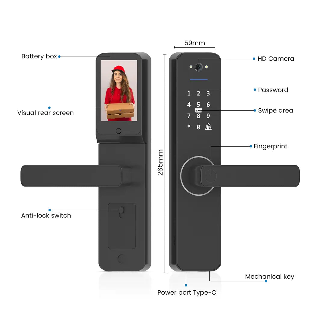 Okasha Smart Matt Door Lock dimensions showing HD camera, rear display screen, fingerprint reader, keypad, Type-C emergency power port, and mechanical key access.